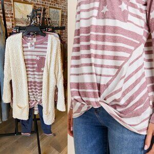 Clear Out‼️ Front Knot Star Print Long Sleeve Top